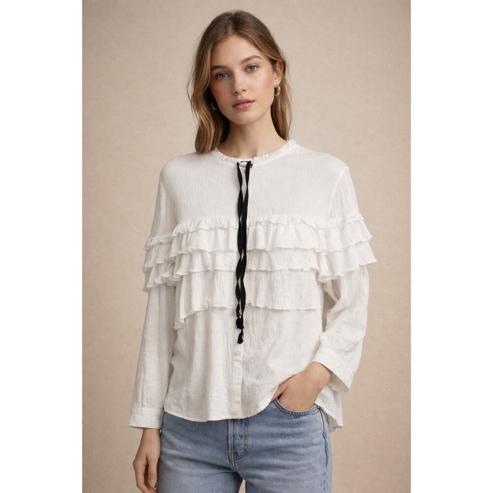 Zara TRF White Ruffle Blouse Tie Neck Long Sleeve Boho Peasant Top Women’s M